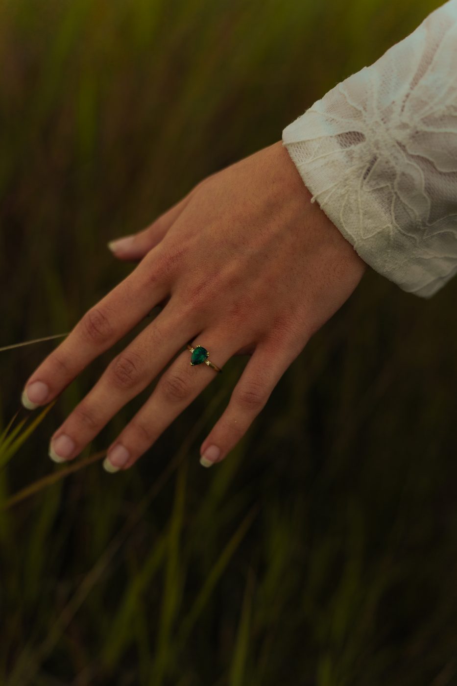 A hand trailing through tall grass, an emerald ring on one finger